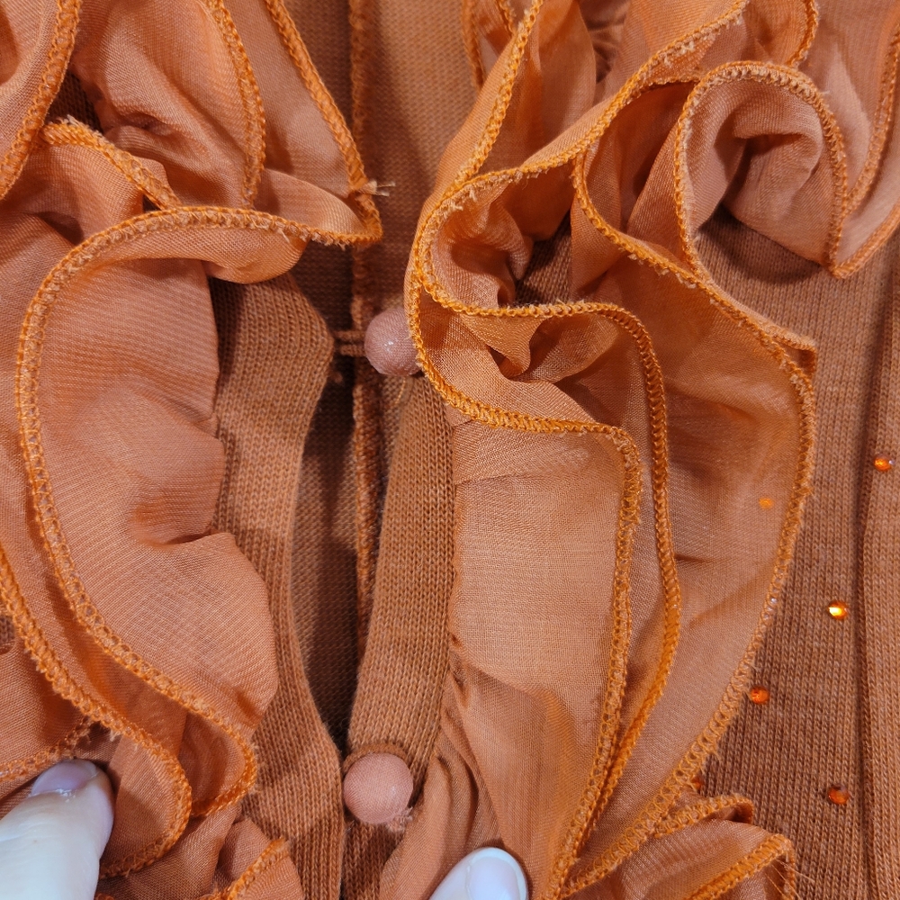 PRETTY ANGEL terracotta linen blend ruffle collar lace tulle trim cardigan - Picture 7 of 9